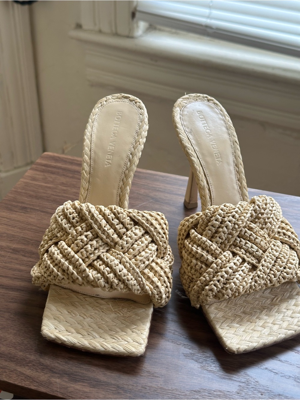 Bottega Veneta Beige Braided Raffia Square-Toe Heels